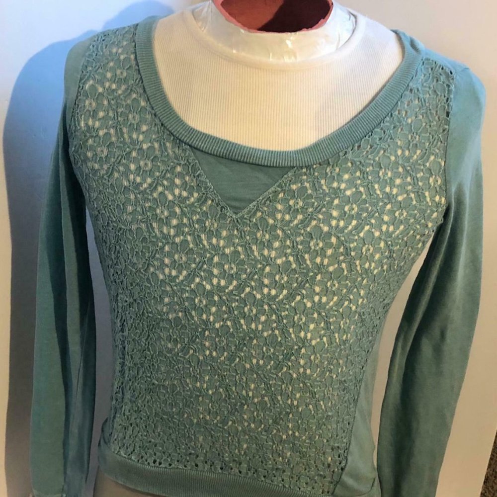 Arizona Jean Co Stone Blue Lace Front Womens Top